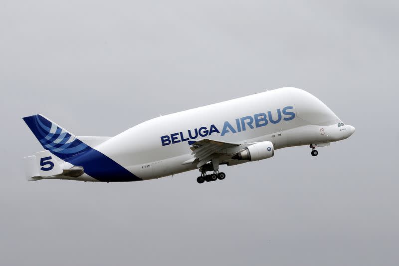 An Airbus Beluga XL transport plane takes off at Albert airport