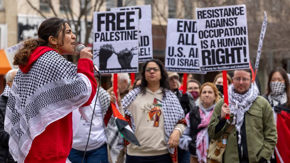 Approximately 100 demonstrators rally against Vice President Kamala Harris’s visit to Durham, N.C., calling for a ceasefire in the Israel-Hamas war on Friday, March 1, 2024, at CCB Plaza in downtown Durham.