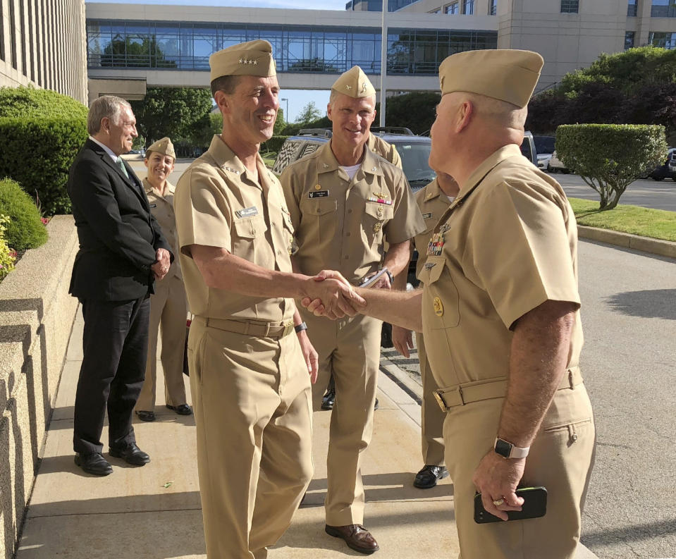 Adm. John Richardson, chief of naval operations, arrives at the U.S. Naval War College in Newport, R.I., on Wednesday, June 12, 2019, to speak to students about leadership. He told The Associated Press that an investigation into allegations of mismanagement at the war college is continuing and he's confident the college will be stronger in the end. (AP Photo/ Jennifer McDermott)