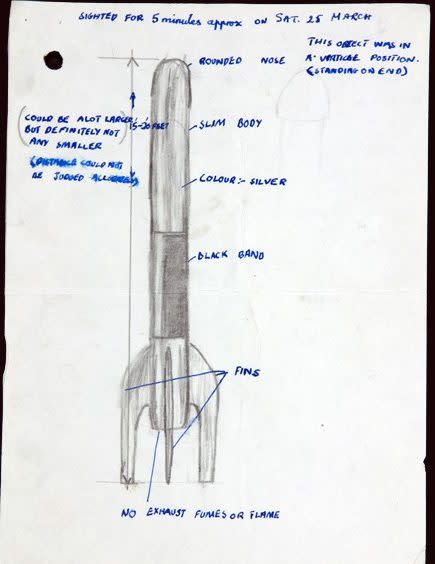 A drawing was made by a woman in north London who claimed to have seen a UFO in March 1972. She received a letter from the UFO desk which said it was likely to have been an optical illusion caused by an ordinary aircraft travelling steeply