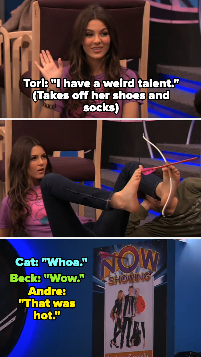 Scene from TV show with characters Tori, Cat, Beck, and Andre reacting to Tori removing shoes and socks; movie poster included