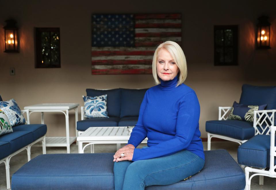 Cindy McCain sits on the patio at her home in Phoenix Sept. 22, 2020. The wife of the late Sen. John McCain (R-Ariz.) endorsed Democrat Joe Biden for president.