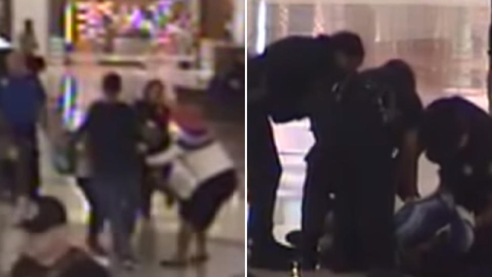 Security camera stills of the woman attempting to abduct a baby (left) and three police officers pinning her to the ground (right)