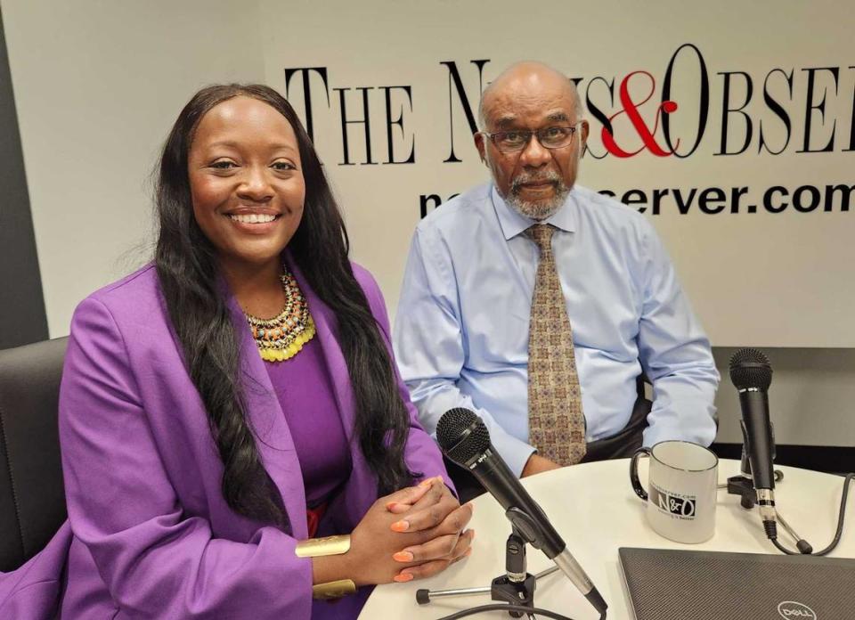 N.C. Sen. Natalie Murdock, left, and historian Reginald Hildebrand, right, pictured in The News & Observer studio after a recording of the Under the Dome politics podcast hosted by Dawn Vaughan.