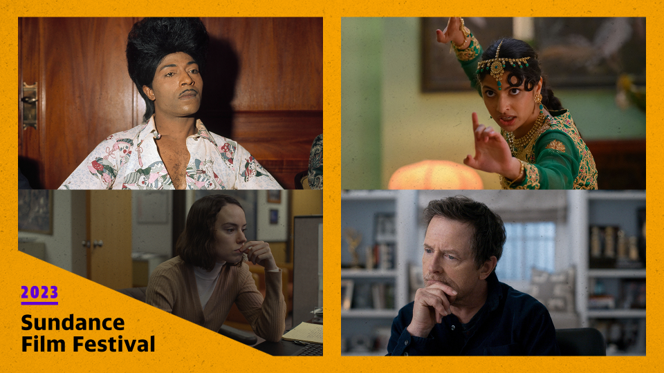 Clockwise from l to r: Little Richard: I Am Everything, Polite Society, Still: A Michael J. Fox Movie and Sometimes I Think About Dying are among the big premieres at the 2023 Sundance Film Festival. (Photos: Courtesy of Sundance Institute)