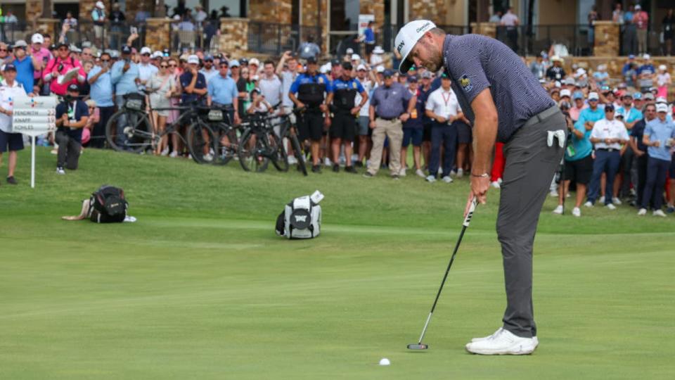 <div>MCKINNEY, TX - MAY 05: Taylor Pendrith (CAN) watches his birdie putt fall into the cup on the 18th hole to win by one stroke with the gallery standing in the background during the final round of the PGA CJ CUP Byron Nelson on May 5, 2024, at TPC Craig Ranch in McKinney, TX. (Photo by David Buono/Icon Sportswire via Getty Images)</div>