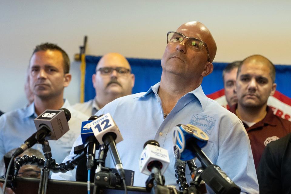 Newark Firefighters Union President Michael Giunta talks about the loss of the firefighters. The Newark Firefighters Union held a press conference Friday to discuss the lives and legacies of Augusto Acabou and Wayne Brooks Jr., who died in the line of duty fighting a fire on a cargo ship. The press conference was held at the Newark Firefighter Union hall in Newark, NJ on Friday July 7, 2023.