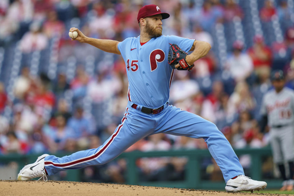 Philadelphia Phillies starting pitcher Zack Wheeler delivers during the third inning of the team's baseball game against the Detroit Tigers, Thursday, June 8, 2023, in Philadelphia. (AP Photo/Chris Szagola)