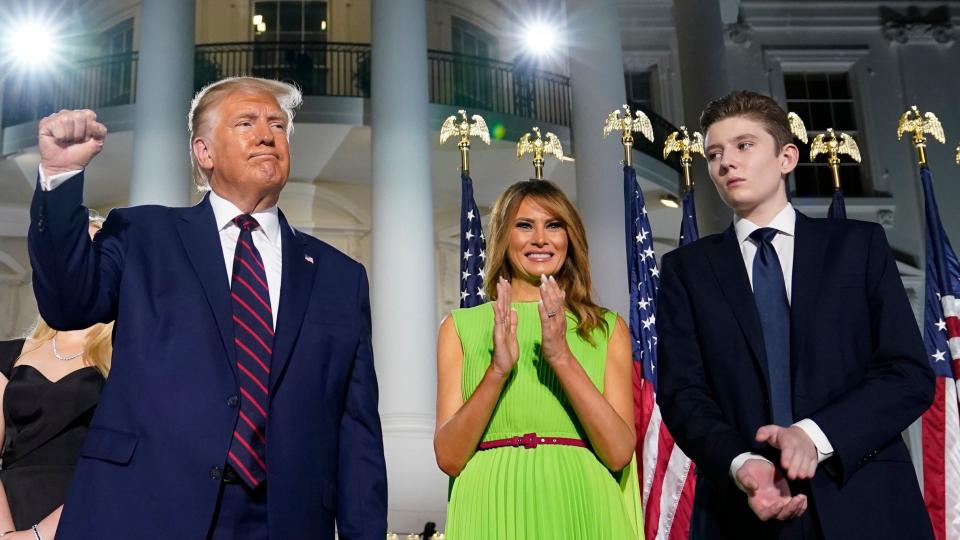Mandatory Credit: Photo by Evan Vucci/AP/Shutterstock (10954820a)President Donald Trump, first lady Melania Trump and Barron Trump stand on the South Lawn of the White House on the fourth day of the Republican National Convention, in WashingtonElection 2020 RNC Trump, Washington, United States - 27 Aug 2020.