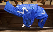 Evidence # 226, a raincoat, is seen during the double murder trial of Alex Murdaugh at the Colleton County Courthouse in Walterboro, S.C., on Monday, Feb. 6, 2023. The 54-year-old attorney is standing trial on two counts of murder in the shootings of his wife and son at their Colleton County home and hunting lodge on June 7, 2021. (Jeff Blake/The State via AP, Pool)