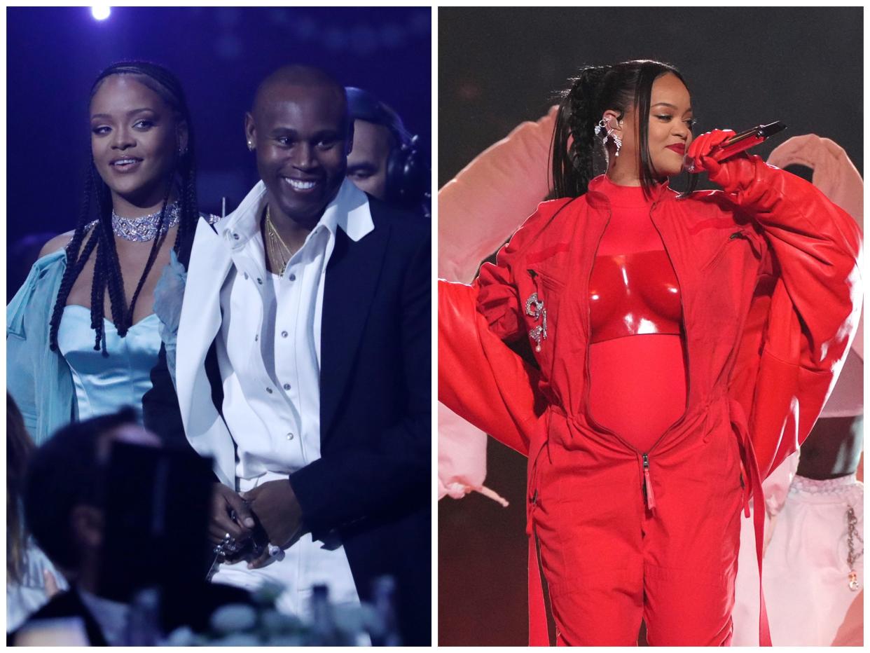 Side by side of Rihanna with her stylist Jahleel Weaver and Rihanna performing onstage at the 2023 Super Bowl Halftime Show