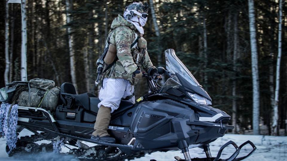 Soldiers assigned to the 11th Airborne Division patrol on snow machines during the Joint Pacific Multinational Readiness Center 24-02 exercise at Donnelly Training Area, Alaska, Feb. 17. (Spc. Abreanna Goodrich/Army)