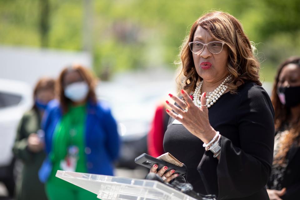 Cincinnati Health Commissioner Melba Moore speaks to members of the media during Ohio Gov. Mike DeWine's visit to the Hamilton County mobile COVID-19 vaccination site at the Price Hill Library in East Price Hill on Friday, May 7, 2021.