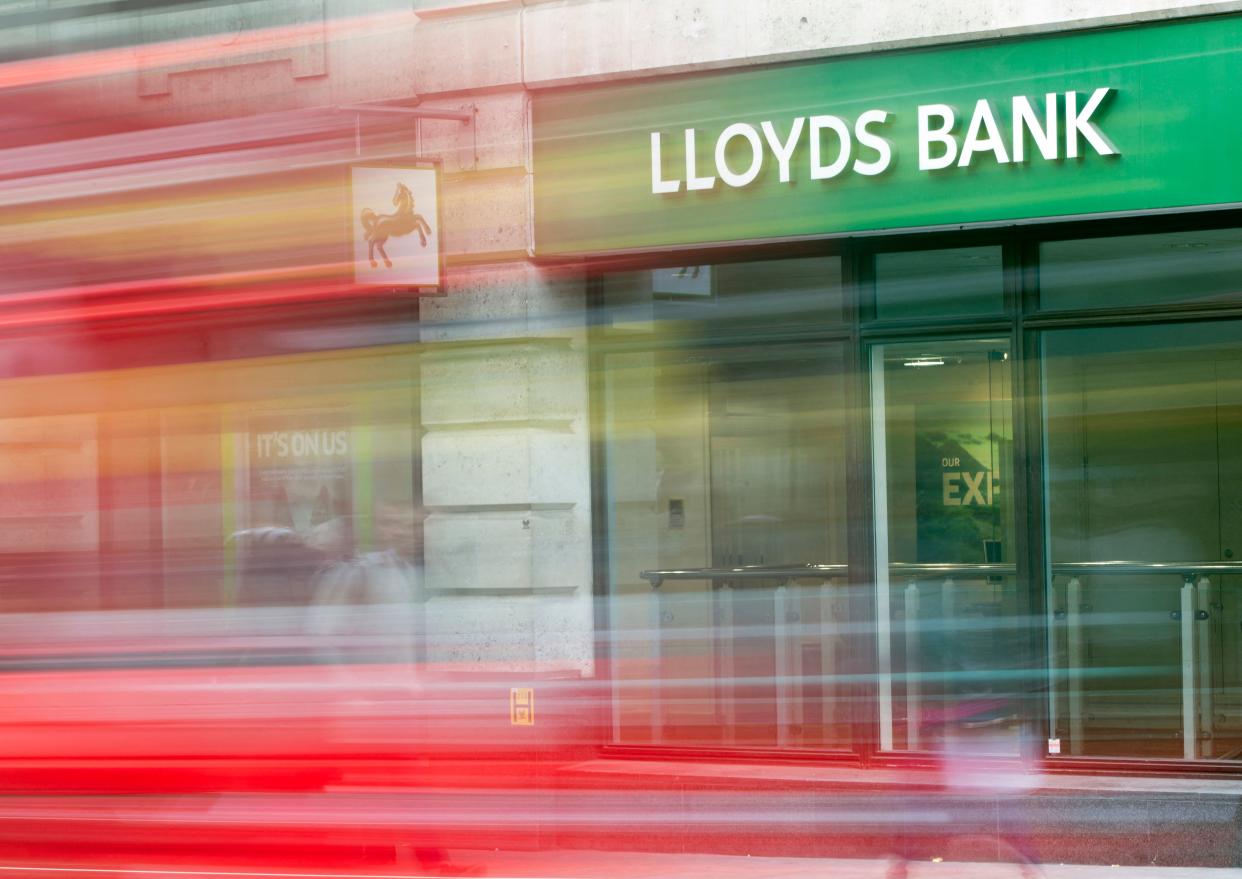 The logo of British Lloyds bank is seen on a branch of the bank in central London on February 27, 2015. Lloyds Banking Group has posted its first annual profit since a 2008 bailout by the British government, edging it closer to a return to full private ownership, results showed Friday. AFP PHOTO / JACK TAYLOR (Photo by JACK TAYLOR / AFP) (Photo by JACK TAYLOR/AFP via Getty Images)