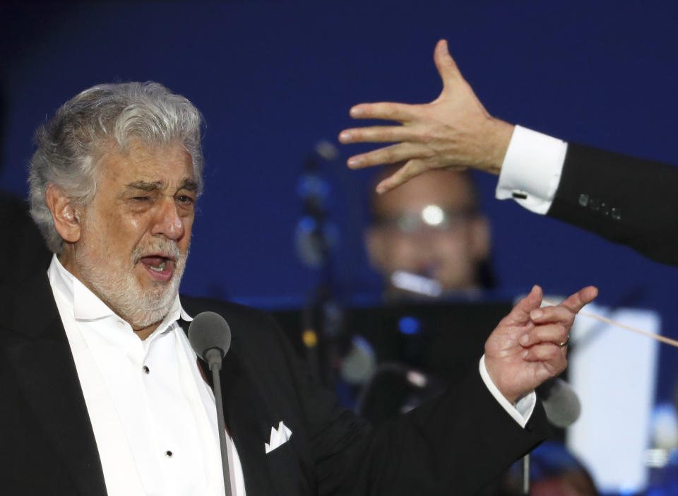 Opera star Placido Domingo performs during a concert in Szeged, Hungary, Wednesday, Aug. 28, 2019. Domingo continued his calendar of European engagements unabated despite allegations of sexual harassment, appearing Wednesday at a concert in southern Hungary to inaugurate a sports complex for a local Catholic diocese.(AP Photo/Laszlo Balogh)