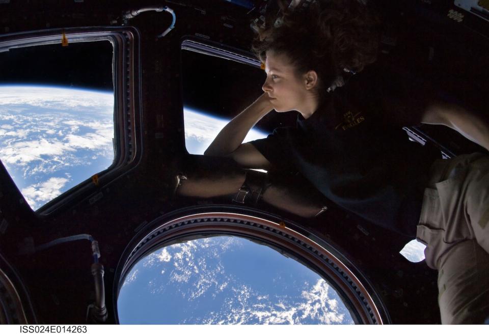 The International Space Station's Cupola gives crew members a 360-degree view around the orbiting complex through six trapezoid-shaped windows and one large, circular viewing port. <cite>NASA</cite>