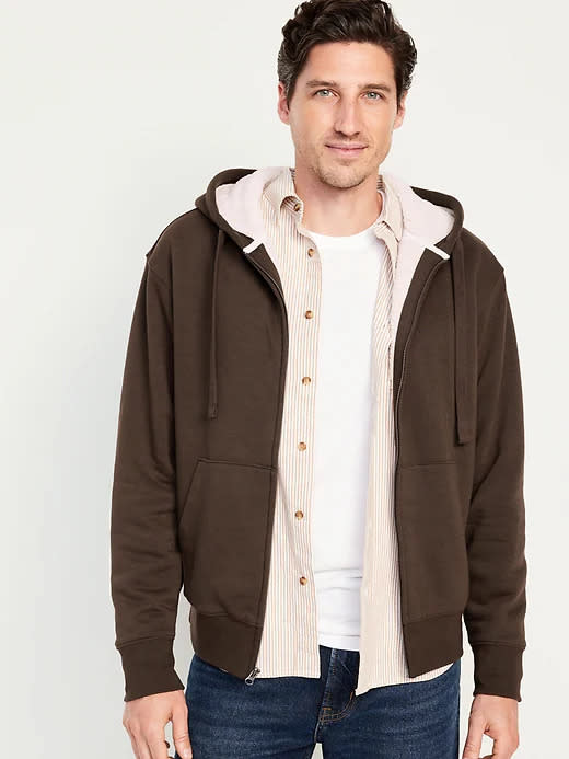 model wears brown Cozy Sherpa-Lined Zip Hoodie