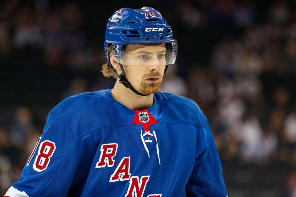 Sep 24, 2024; New York, New York, USA; New York Rangers left wing Brennan Othmann (78) skates against the New York Islanders during the first period at Madison Square Garden.