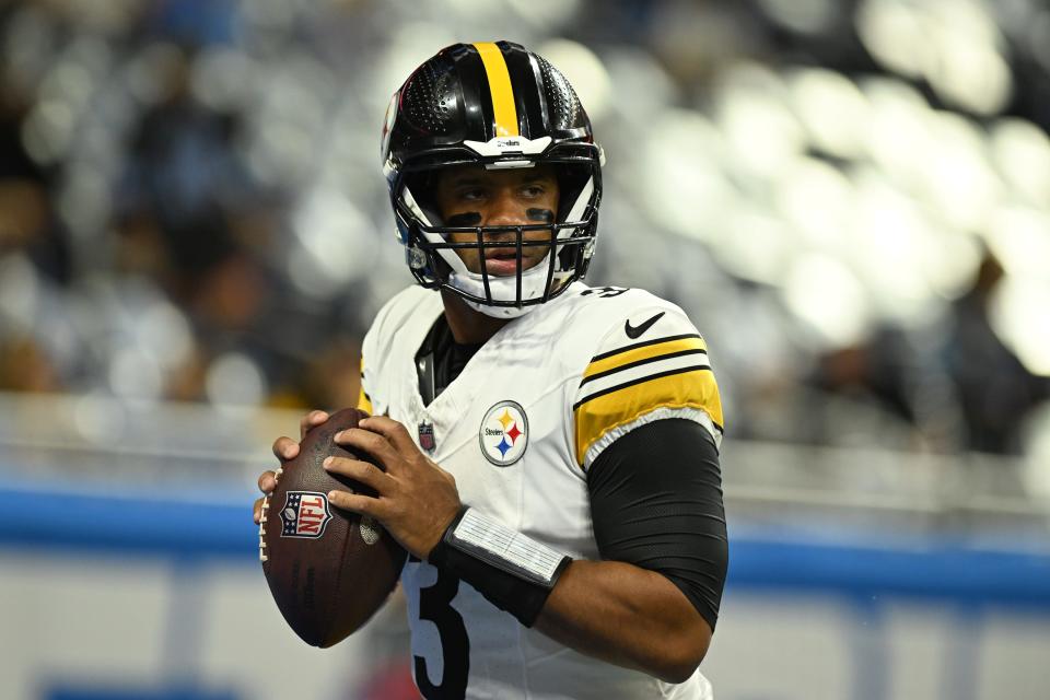 Aug 24, 2024; Detroit, Michigan, USA; Pittsburgh Steelers quarterback Russell Wilson (3) warms up before their game against the Detroit Lions at Ford Field. Mandatory Credit: Lon Horwedel-USA TODAY Sports