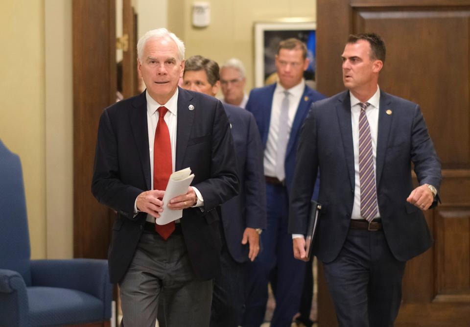 Oklahoma Attorney General John O'Connor and Governor Kevin Stitt walk into a press conference about SCOTUS ruling to overturn Roe v. Wade in the Blue Room at the Capitol Friday, June 24, 2022.