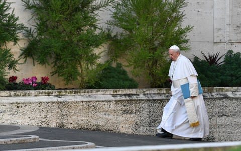 Pope Francis arrives for the opening of the summit on protecting children and minors from predatory priests    - Credit: Vincenzo Pinto/AFP