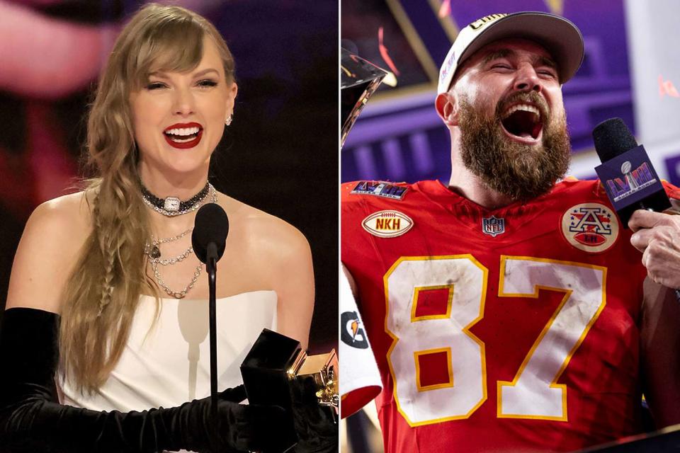 <p>Kevin Winter/Getty; Michael Owens/Getty</p> Taylor Swift, Travis Kelce.