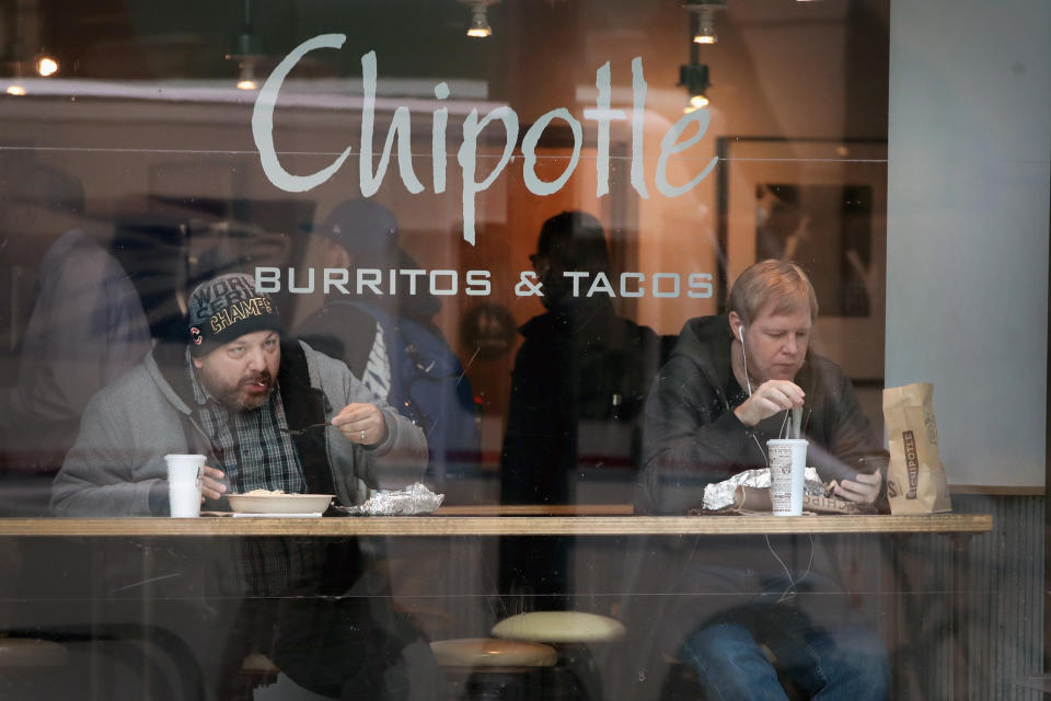 CHICAGO, IL - OCTOBER 25:  Diners eat at a Chipotle restaurant on October 25, 2017 in Chicago, Illinois. Chipotle stock fell more than 14 percent today after a weak 3Q earnings .  (Photo by Scott Olson/Getty Images)