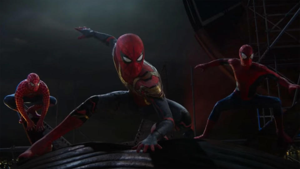 Tom Holland's, Tobey Maguire's, and Andrew Garfield's Spider-Men pose in No Way Home