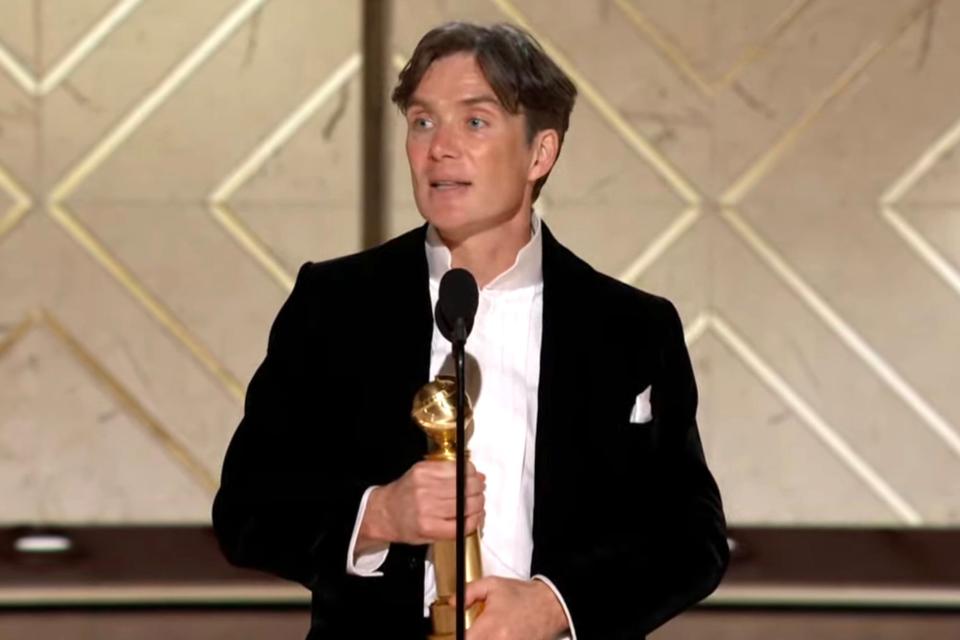 <p>CBS</p> Cillian Murphy accepting his Golden Globe award