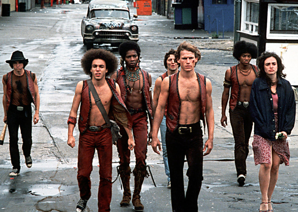 Tom McKitterick, Marcelino Sanchez, David Harris, Terry Michos, Michael Beck, Brian Tyler, and Deborah Van Valkenburgh in a scene from ‘The Warriors’.