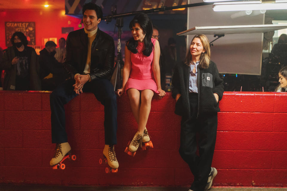 Elvis (Jacob Elordi), Priscilla (Cailee Spaeny), and Sofia Coppola on the set of 'Priscilla.' 