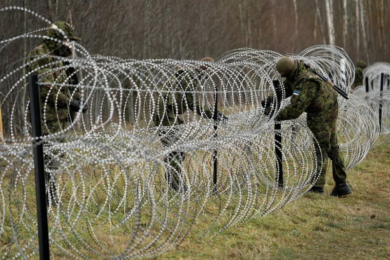 Estonian army reservists build a fence on a border with Russia near Meremae