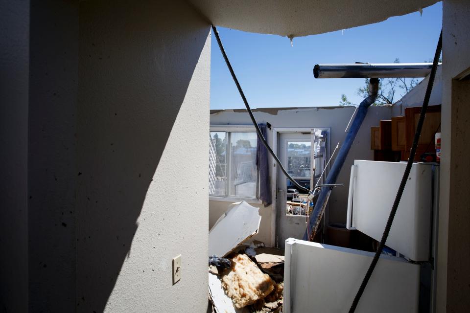 An apartment at the Cedar Terrace Apartment complex sits destroyed by last weeks Derecho on Wednesday, Aug. 19, 2020 in Cedar Rapids. Many residents are staying in temporary homes more than a week after the 100+ mph winds swept through their homes.