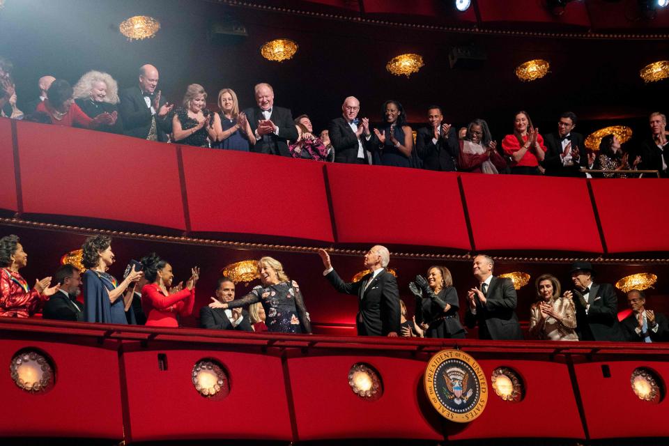 President Joe Biden and first lady Jill Biden arrive for the 45th Kennedy Center Honors at the John F. Kennedy Center for the Performing Arts in Washington on Dec. 4, 2022.