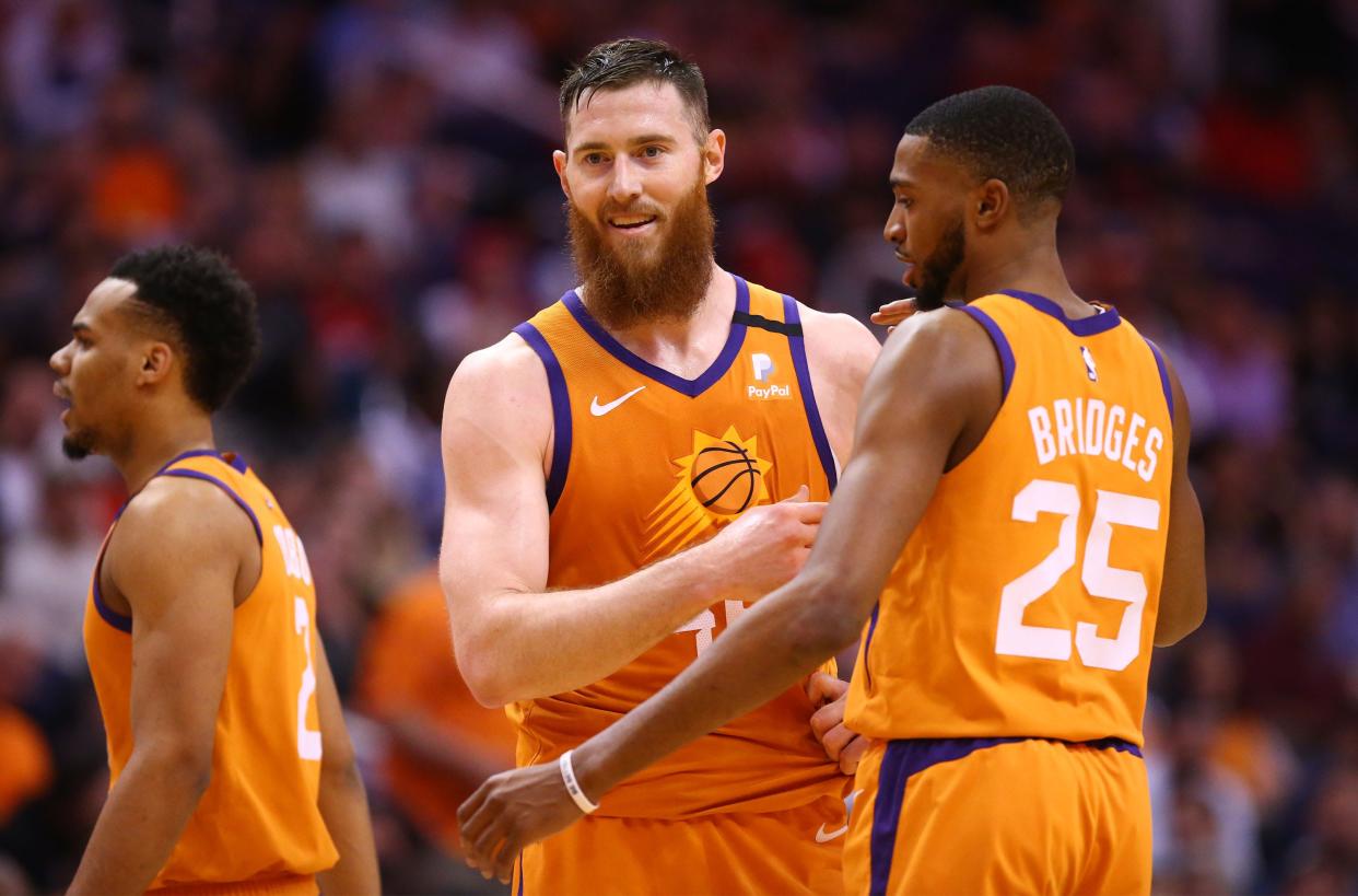 Phoenix Suns center Aron Baynes (46) reacts after receiving a technical foul against the Portland Trail Blazers in the first half at Talking Stick Resort Arena on Mar. 6, 2020 in Phoenix, Ariz.