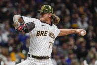 Milwaukee Brewers relief pitcher Josh Hader throws during the ninth inning of a baseball game against the Washington Nationals Saturday, May 21, 2022, in Milwaukee. (AP Photo/Morry Gash)