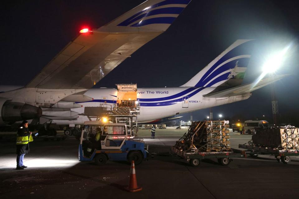 A ground crew in Ukraine unloads U.S. weapons.