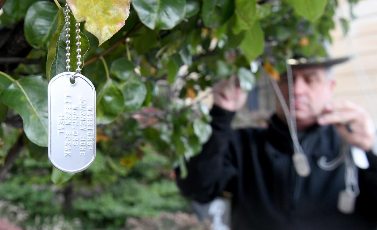 A dog tag is shown on witness tree outside the Stark County Courthouse, placed there to remember a veteran who died by suicide.