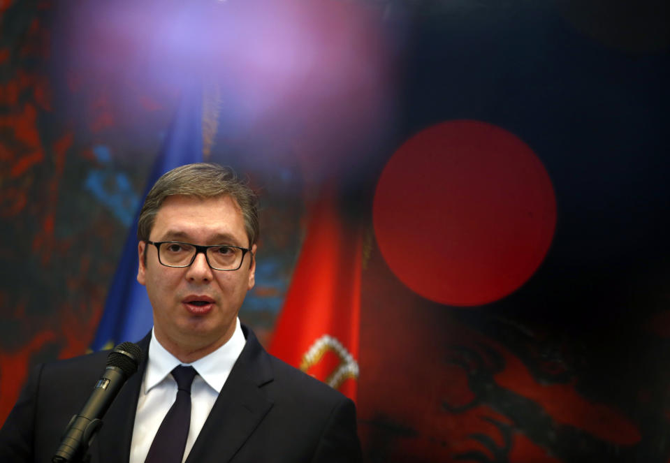 Serbian President Aleksandar Vucic speaks during a press conference after a meeting of China and 16 countries of central and eastern Europe in Belgrade, Serbia, Tuesday, Oct. 16, 2018. The gathering focusing on transport is part of China's "New Silk Road" initiative to increase global influence through economic links and investment. (AP Photo/Darko Vojinovic).