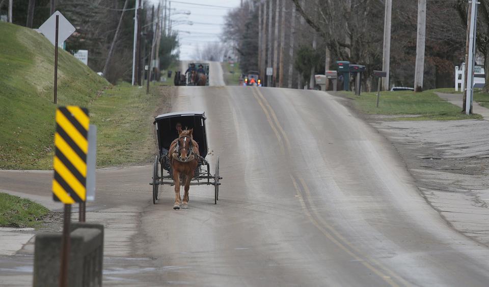 Buggies travel the streets of Kidron, which is an Amish tourist attraction.
