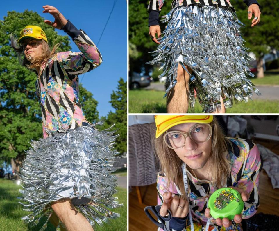 LEFT and TOP RIGHT: Johnson models his garment made with plastic forks and a pair of shorts. BOTTOM RIGHT: The tagline for Johnson’s brand is “Be you, Be infinite. It’s a play off of the name Cory Infinite which he is known by as an artist.