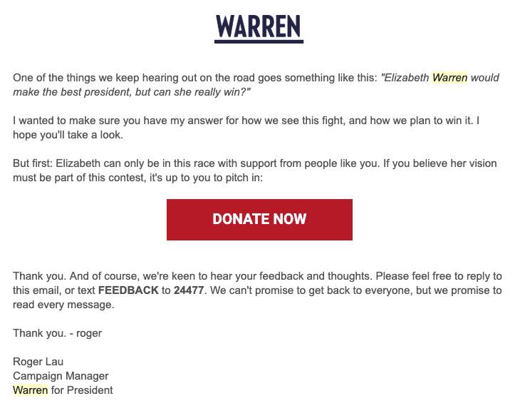 On March 27, Sen. Elizabeth Warren's campaign emailed supporters about the electability issue. (Photo: Warren campaign email)