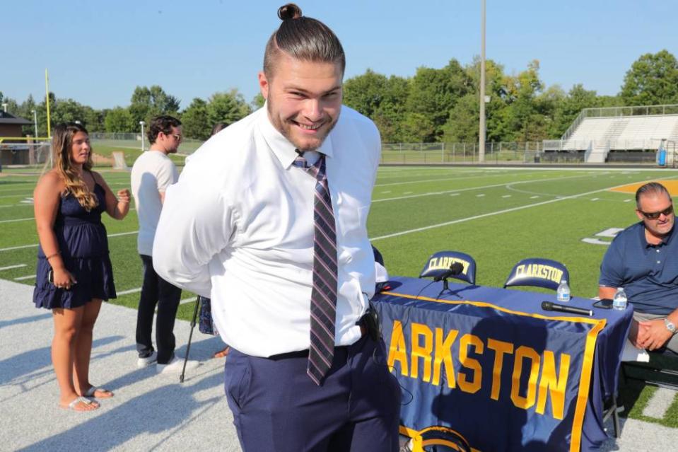 Rocco Spindler prepares for his announcement on where he would go to play football. Rocco announced he would be attending Notre Dame on August 8, 2020, in Clarkston, Michigan. USA TODAY SPORTS