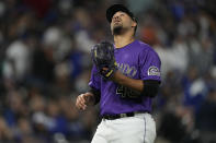 Colorado Rockies starting pitcher Antonio Senzatela reacts after getting Los Angeles Dodgers' Corey Seager to fly out to end the top of the fifth inning of a baseball game Tuesday, Sept. 21, 2021, in Denver. (AP Photo/David Zalubowski)