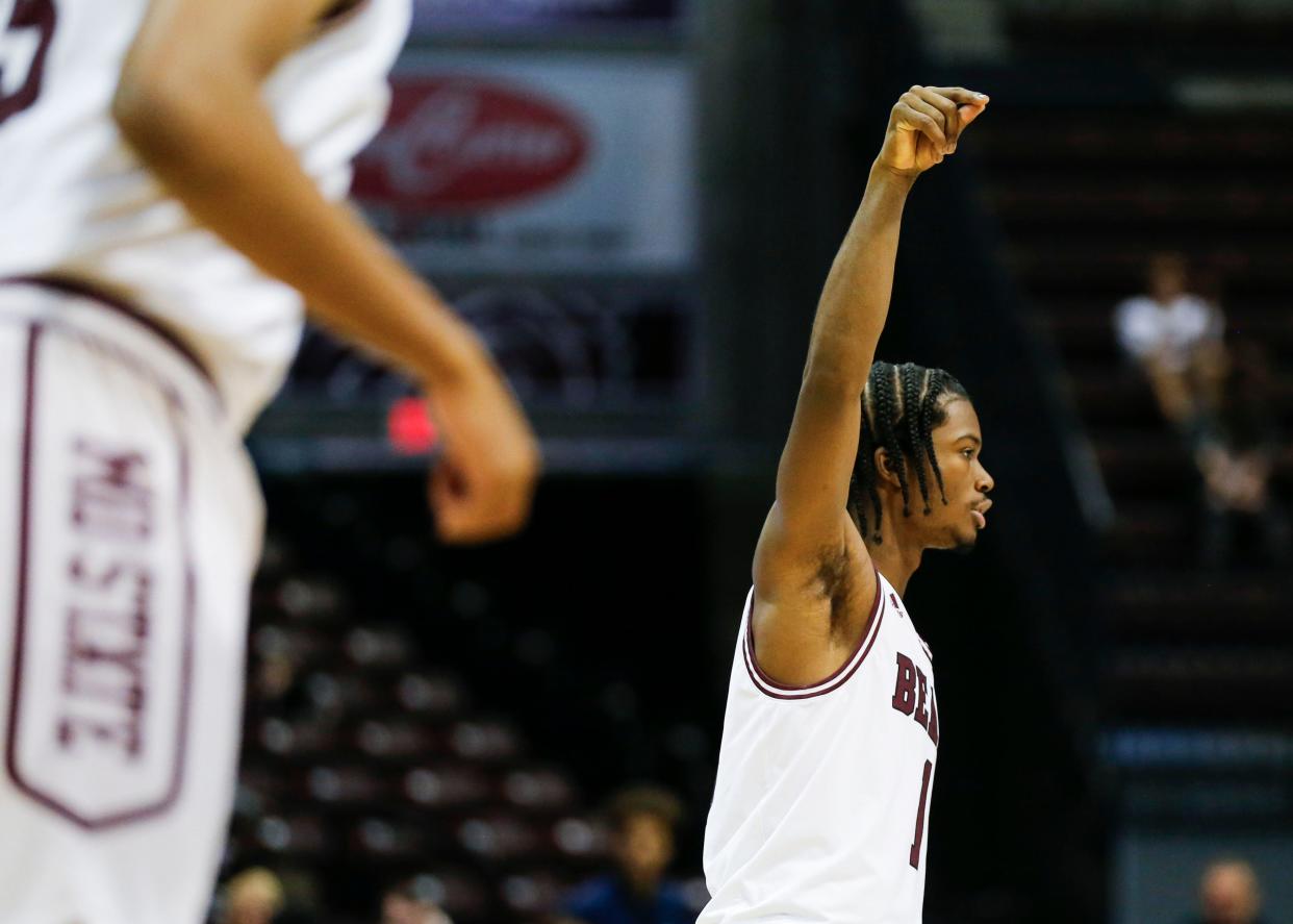 Missouri State junior Alston Mason celebrates after hitting a three-pointer on the Oral Roberts Golden Eagles at Great Southern Bank Arena on, Monday, Nov. 13, 2023.