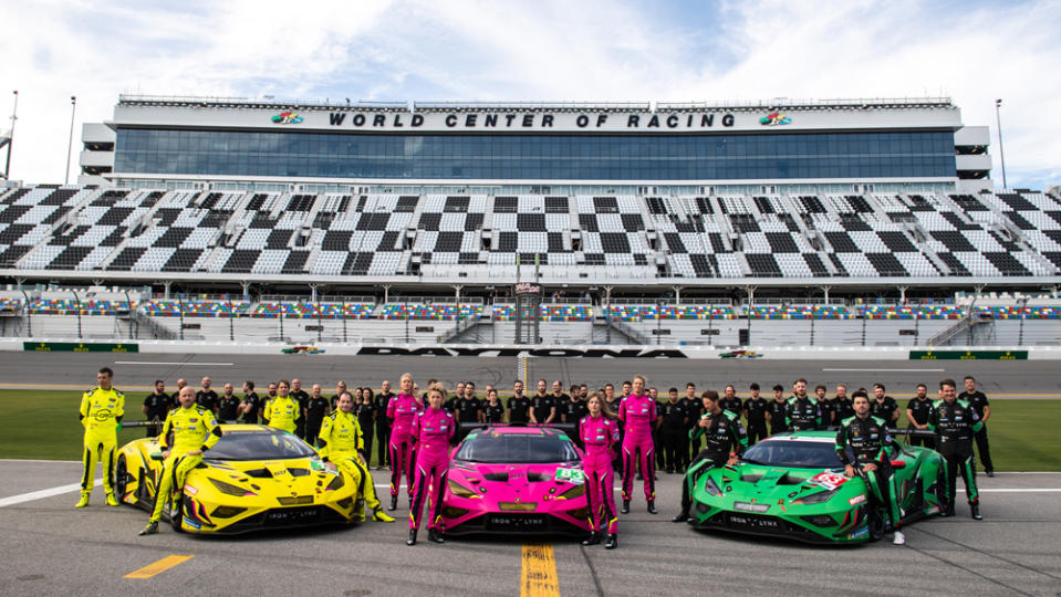 Lamborghini's cars, racers and support crew for the Iron Lynx GTD and GTD Pro squads, including the all-women Iron Dames team, prior to competing in the 2023 Rolex 24 at Daytona.