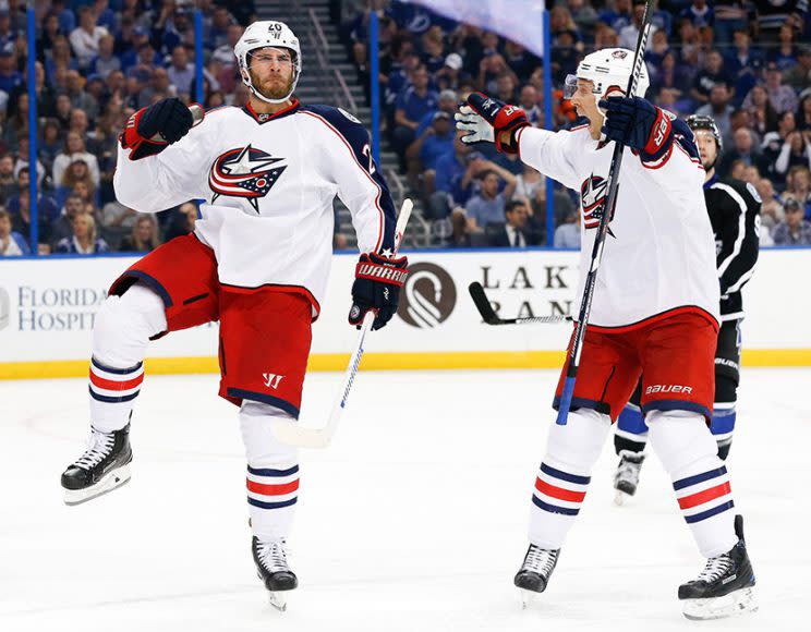 TAMPA, FL - NOVEMBER 25: Brandon Saad #20 of the Columbus Blue Jackets celebrates after scoring during the third period in the game against the Tampa Bay Lightning at Amalie Arena on November 25, 2016 in Tampa, Florida. (Photo by Mark LoMoglio/NHLI via Getty Images)