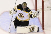 Boston Bruins goaltender Jaroslav Halak makes a glove save on the Tampa Bay Lightning during the second period of Game 2 of an NHL hockey second-round playoff series, Tuesday, Aug. 25, 2020, in Toronto. (Frank Gunn/The Canadian Press via AP)