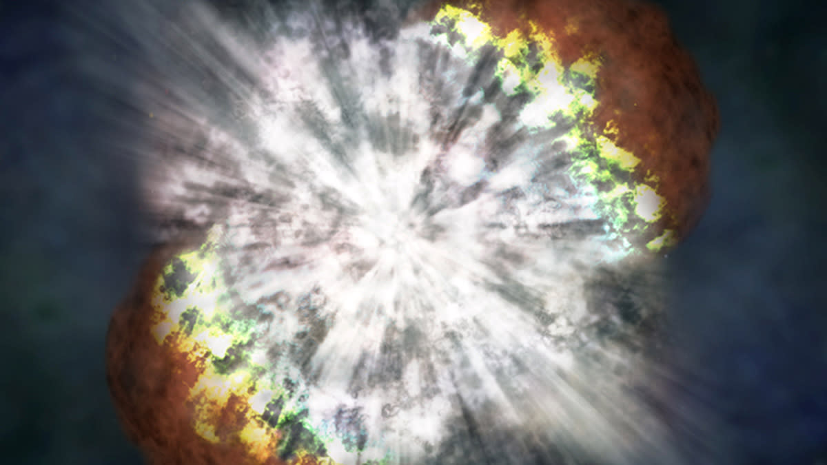  Illustration of a supernova, showing a huge explosion of white light with the blackness of space in the background. 