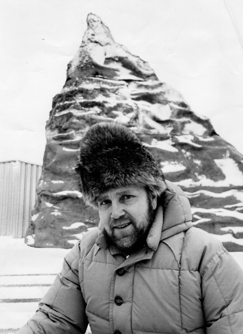 A 40-year-old Bill Conrad shows off his 33-foot replica of the Matterhorn produced for the 1971 Cleveland Sportsmen's Show. (For the record, the hat did not serve as a model for the mountain.)